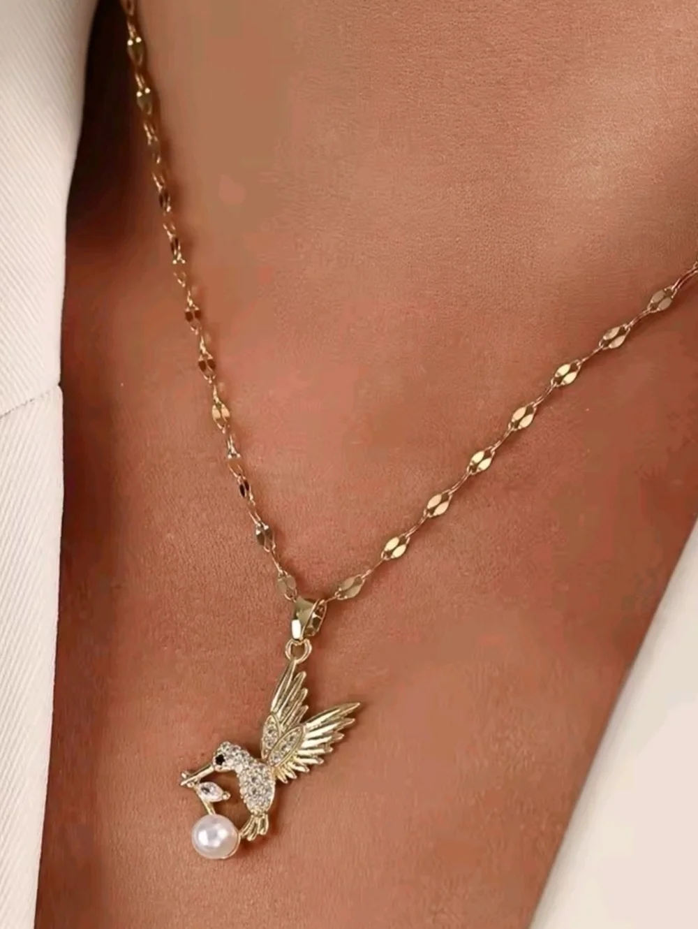 Gold Hummingbird Pearl Necklace Dainty Crystal Bird Pendant Sparkly Jewelry